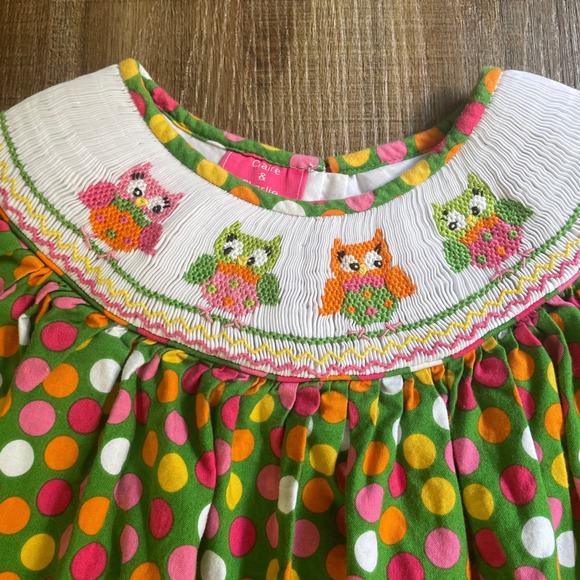 Claire & Charlie Smocked Dress Owl Polka Dot Green Party Girls Size 6X - Picture 3 of 7